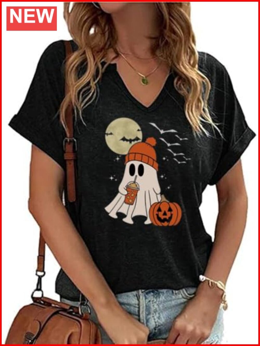 Women V Neck Cute Ghost Pumpkin Coffee Graphic Fall Halloween Tee
